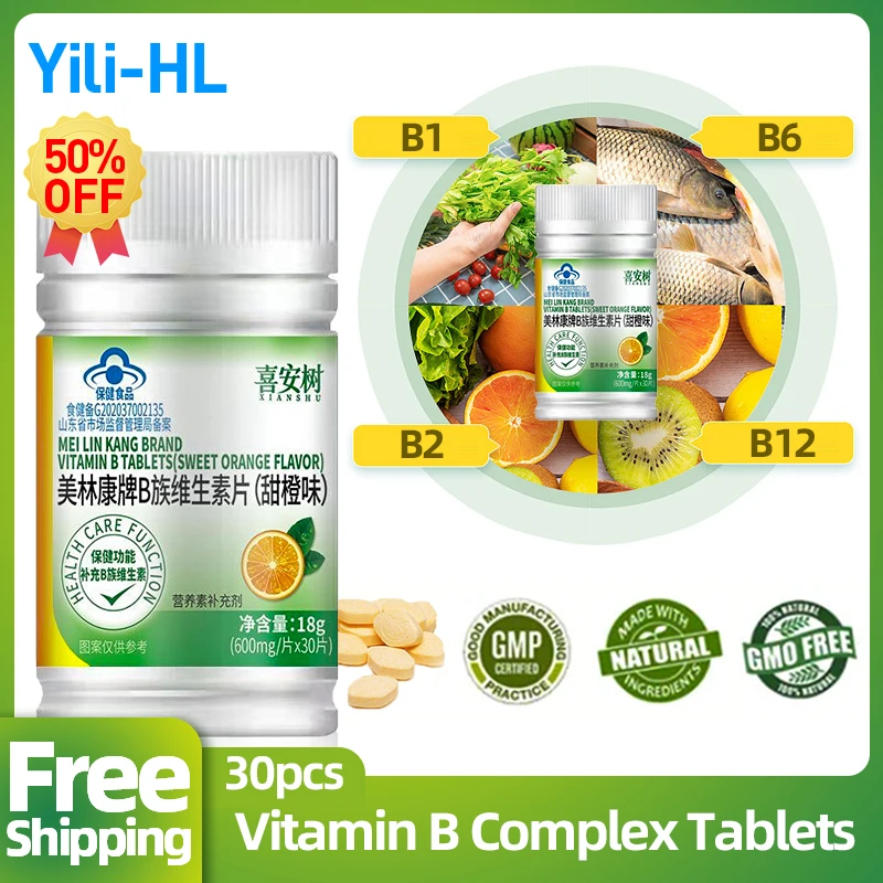 

Vitamin B Complex Supplements 30pcs Vitamins B1 B2 B6 B12 and Folic Acid Daily Nutritional Health Support Orange Flavour Non-GMO