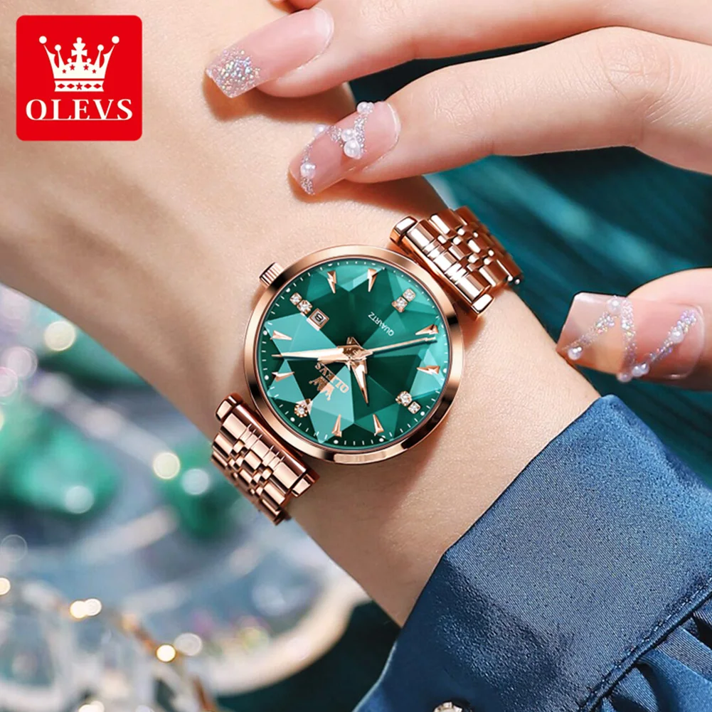 OLEVS 5536 Woman Watch Fashion Rhombus Mirror Calendar Quartz Watch For Women Original Waterproof Ladies Wristwatch Steel Strap