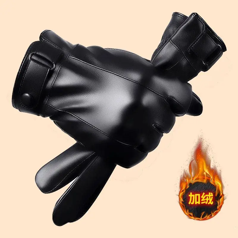 

Leather gloves for men Winter cycling plus fleece thickened warm windproof waterproof touch screen winter motorcycle cycling glo