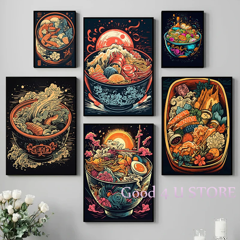 Giapponese Retro Ukiyo-E Art Style The Great Wave Ramen Bowl Bento Box Food Poster Canvas Painting Wall Art Pictures Home Decor