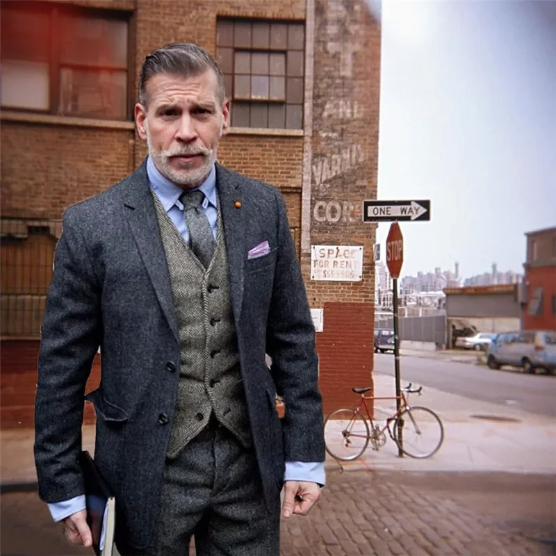 Abito da uomo in tweed a spina di pesce grigio Vintage Autunno Inverno Smoking da sposo Ternos Abiti da sposa formali per uomo Abito classico da uomo in 3 pezzi 2