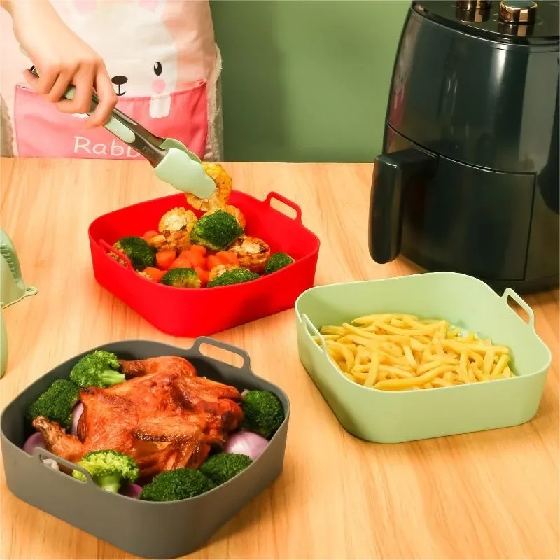 1PC Square Air Fryer Silicone Baking Tray Two Ears Silicone Lining Non-stick Oil High Temperature Baking Mat Easy To Clean air fryer accessories air fryer baking tray air fryer silicone tray