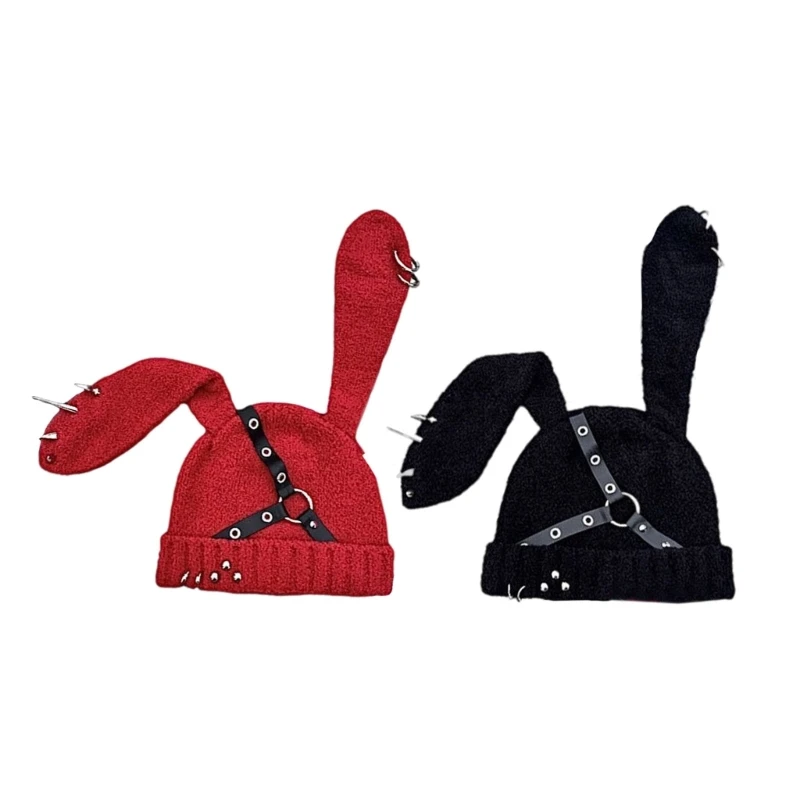 Punk Rivet Belt Hat for Girl 2000s Rabbit Ears Hat Winter Autumn Warm Outdoor Windproof Street Hiphop
