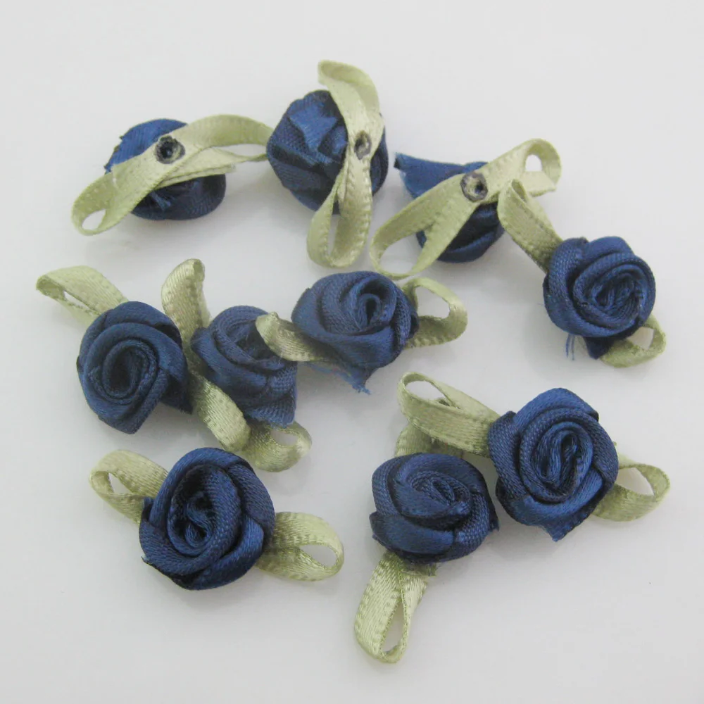 Vibrant Fabric Ribbon Rose Rosettes with Leaf - Set of 50 Flower Embellishments for DIY Crafts & Sewing Supplies