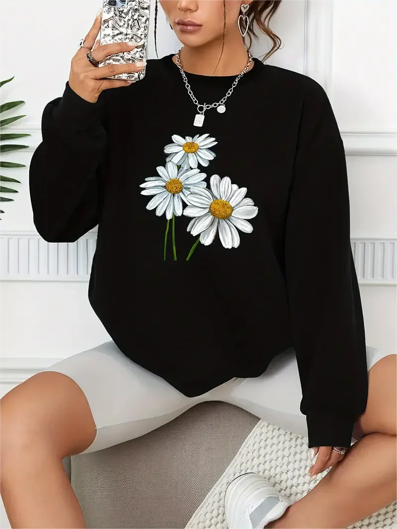 Flower Print Pullover Casual Loose Fashion Long-Sleeved Sweatshirt Solid Color Women's Clothing
