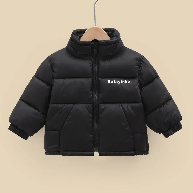 Girls Winter Warm Thickened Down Coat Boys Solid Color Letter Standing Collar Outerwear Kids Autumn New Casual Fashion Jacket