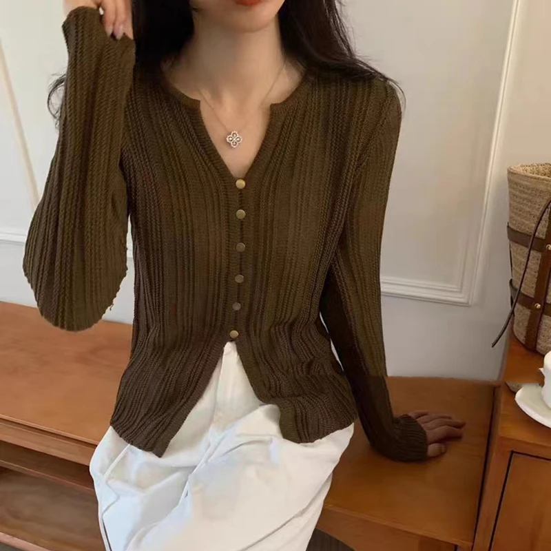 Spring and Autumn Fashion New V-neck Button Long-sleeved Slim-fit Knitted Sweater Elegant Thin Casual Thin Solid Color Sweater