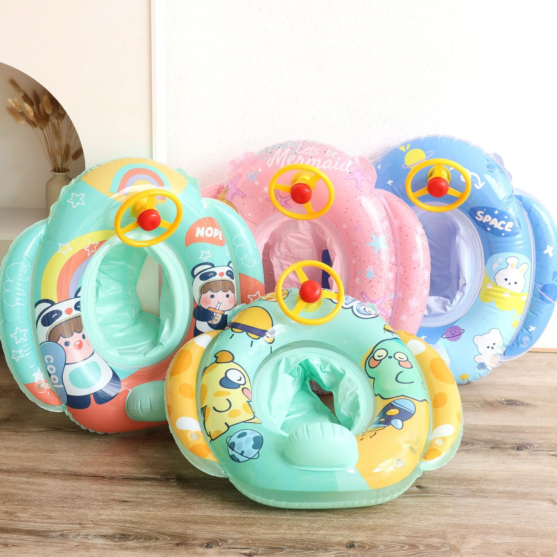 Cartoon Infant Pool Float Swimming Ring for Kids Baby Seat Floating Ring with Steering Wheel Swim Circle Beach Party Toy