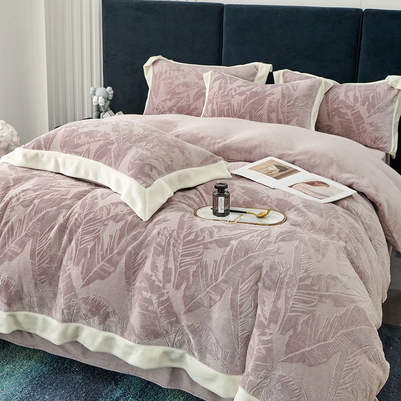 

Plush Winter Velvet Fleece 4Pcs Bedding Set Carved Velvet Jacquard Coral Fleece Duvet Cover Set Bed Sheet Bedspread Pillowcases