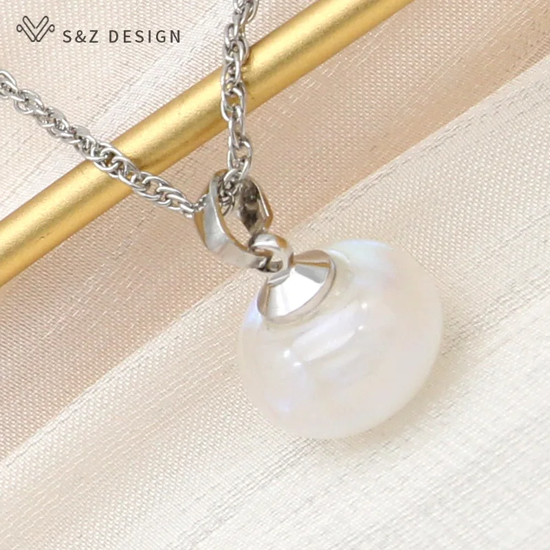 S&Z DESIGN New Fashion 585 Rose Gold Color Round Simulated-pearl Pendant Necklace For Women Wedding Party Jewelry Gift