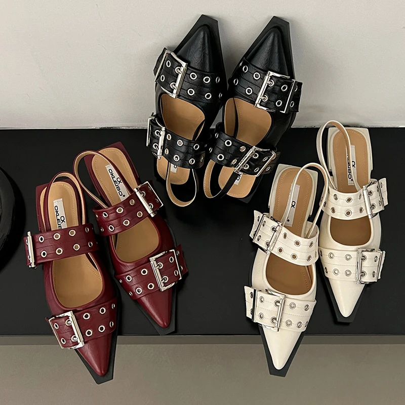 Women Shoes Women Flats Casual Shoes Women Flats Spring Summer Buckle Casual Luxury Sandals Fashion Pointed Toe Ladies Slingback Mules