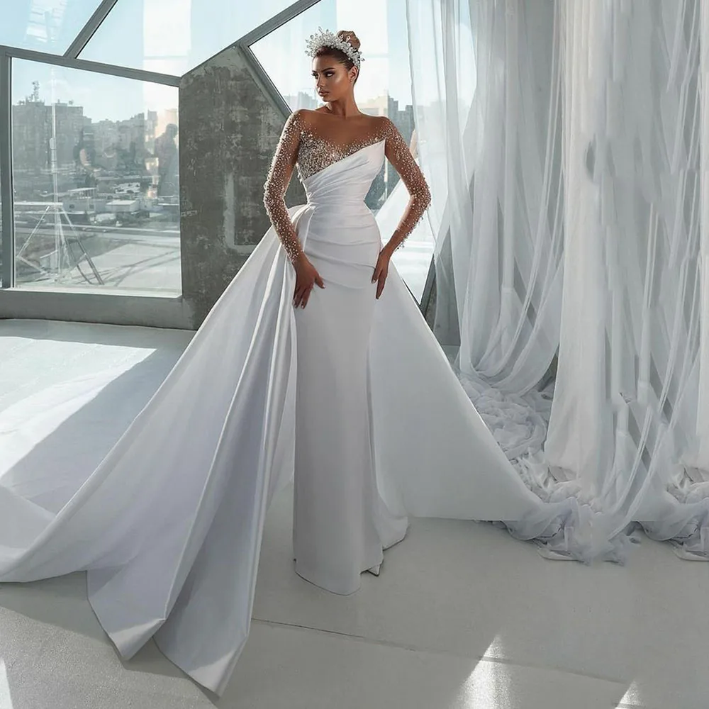 

Arabic Luxury Wedding Dresses Crystals Beaded Long Sleeves Pleats Illusion White Satin Bridal Gowns With Detachabke Train