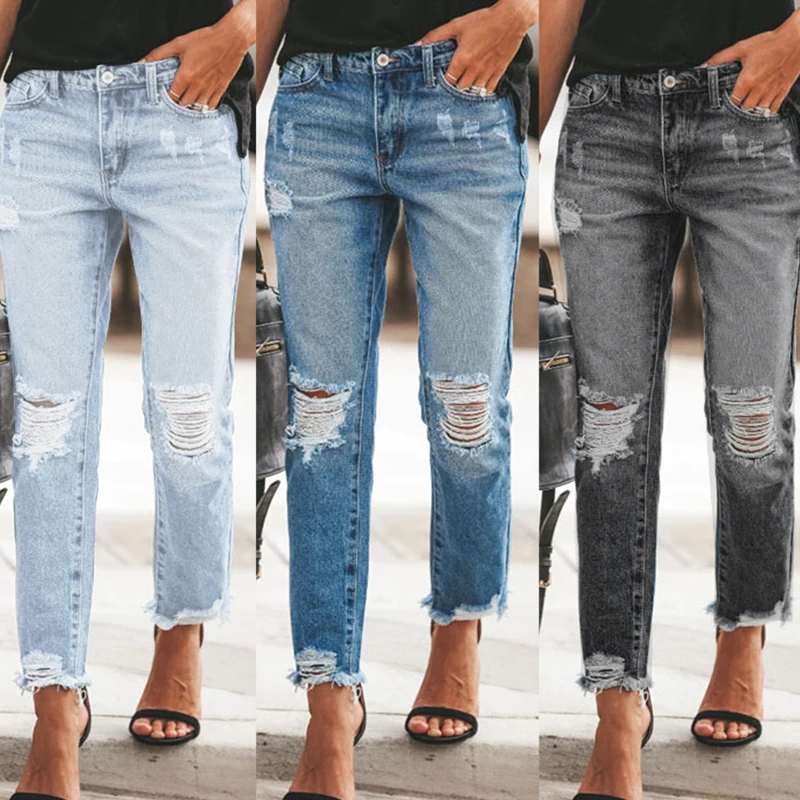 

New Pencil Pants Ripped Slim Fit Mid Waist Vintage Streetwear Casual Fashion Stretch Jeans Woman Zipper Pockets Denim Trouses
