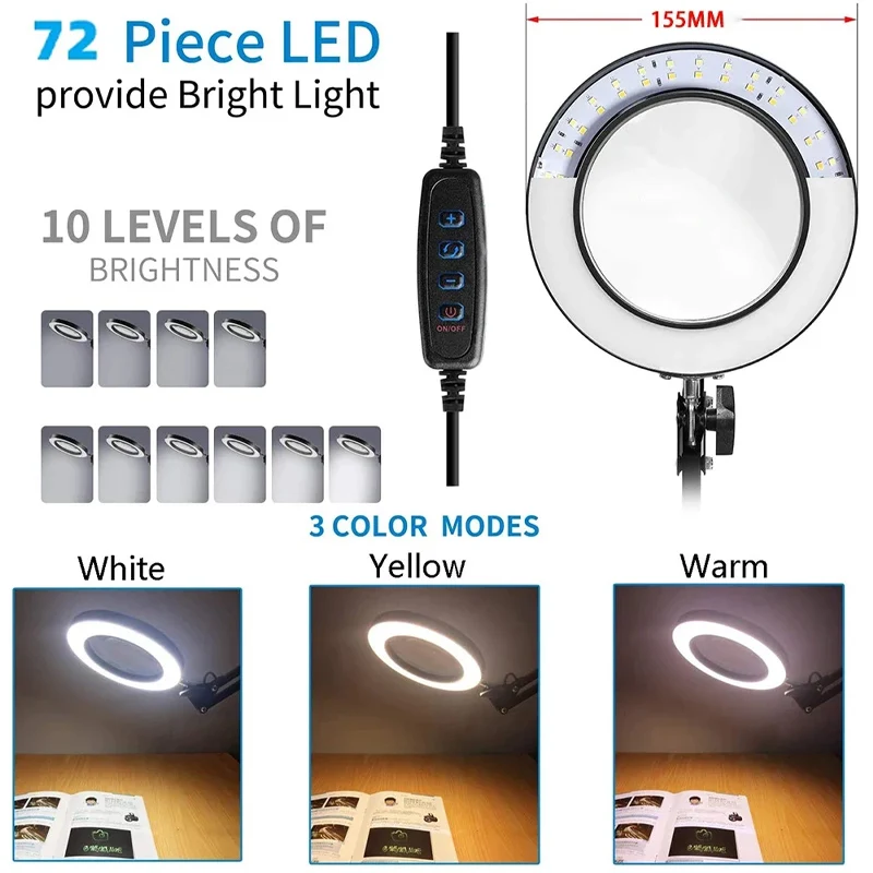72LED 8X/10X Illuminated Magnifying Glass USB 3 Colors for Soldering Iron Repair/Table Lamp/Skincare Beauty