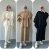 2 Piece Winter Abaya Muslim Woman Set Plain Thick Knitted Loose Sweater Top and Skirt Sets Dubai Luxury Islam Outfit Ramadan Eid