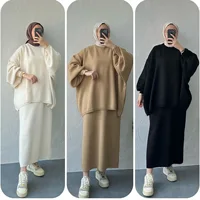 2 Piece Winter Abaya Muslim Woman Set Plain Thick Knitted Loose Sweater Top and Skirt Sets Dubai Luxury Islam Outfit Ramadan Eid
