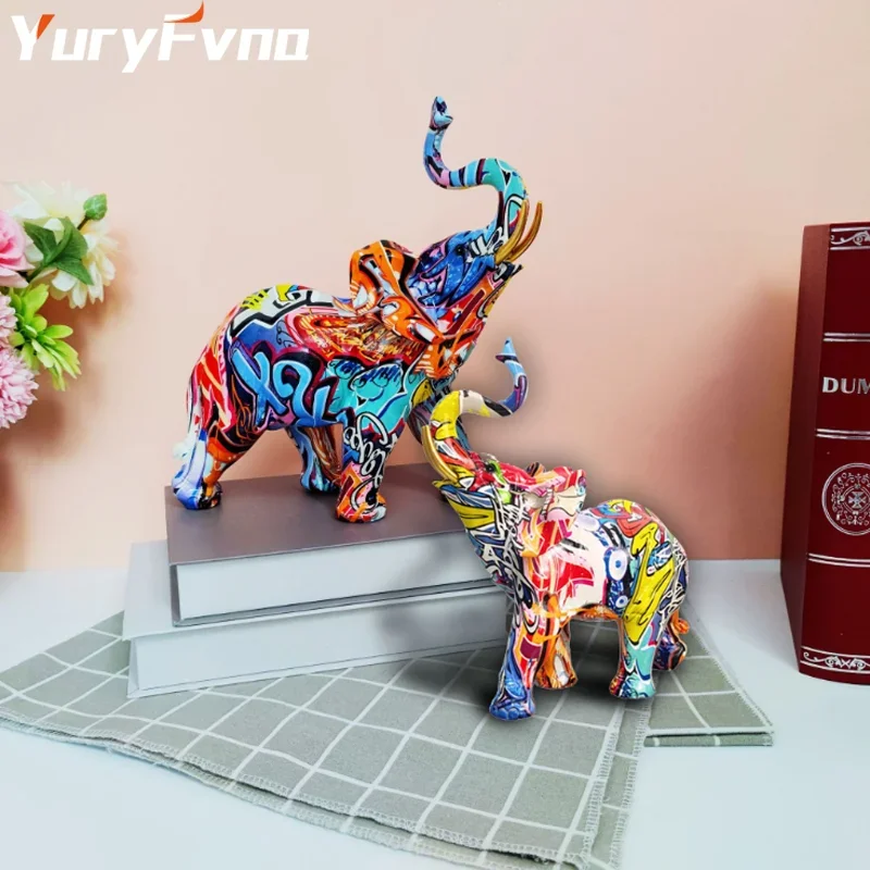 YuryFvna Nordic Painting Graffiti Elephant Sculpture Figurine Art Elephant Statue Creative Resin Crafts Home Decoration