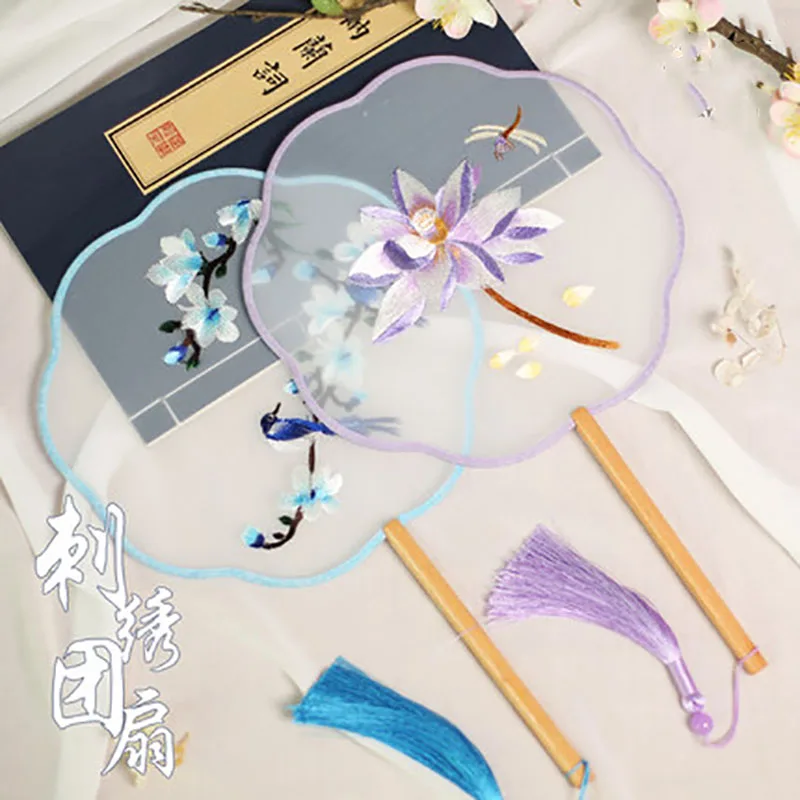 Double-Sided Embroidered Palace Fan, Eight-petal Round Fan, Beech Long Handle Silk, Pure Hand, Home Decor, Hanfu