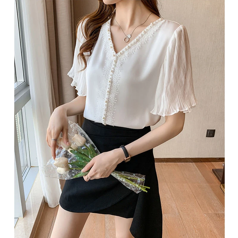 Elegant Chic Sweet Beaded Lace V Neck Short Sleeve Top Blouse Women 2023 Summer Fashion Casual Ruffled Slim Solid Shirts Blusas
