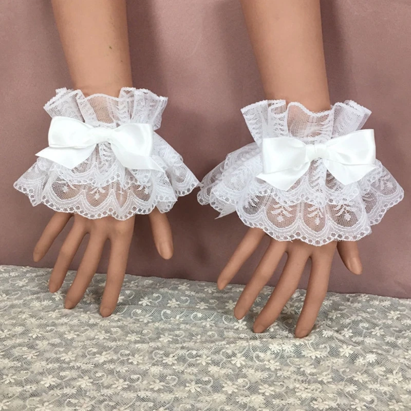 Japanese Hand Sleeve Wrist Cuffs Sweet Ruffled Lace Multicolor Bowknot Maid Cosplay Bracelet For Wedding Party
