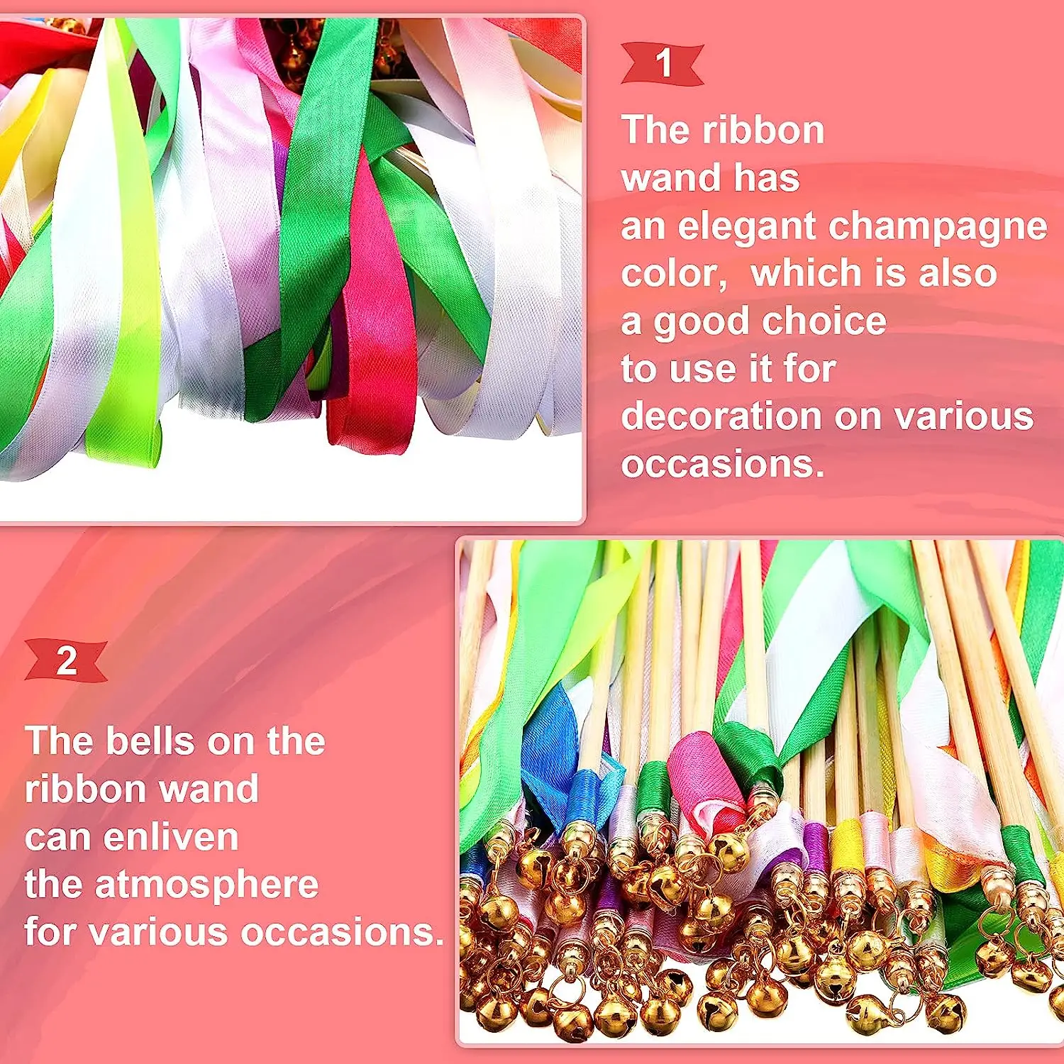 40-50Pcs Silk Ribbon Wands Streamers with Gold Bell Party Rhythm Ribbon Streamers for Wedding Bridal Shower Favors Photo Props