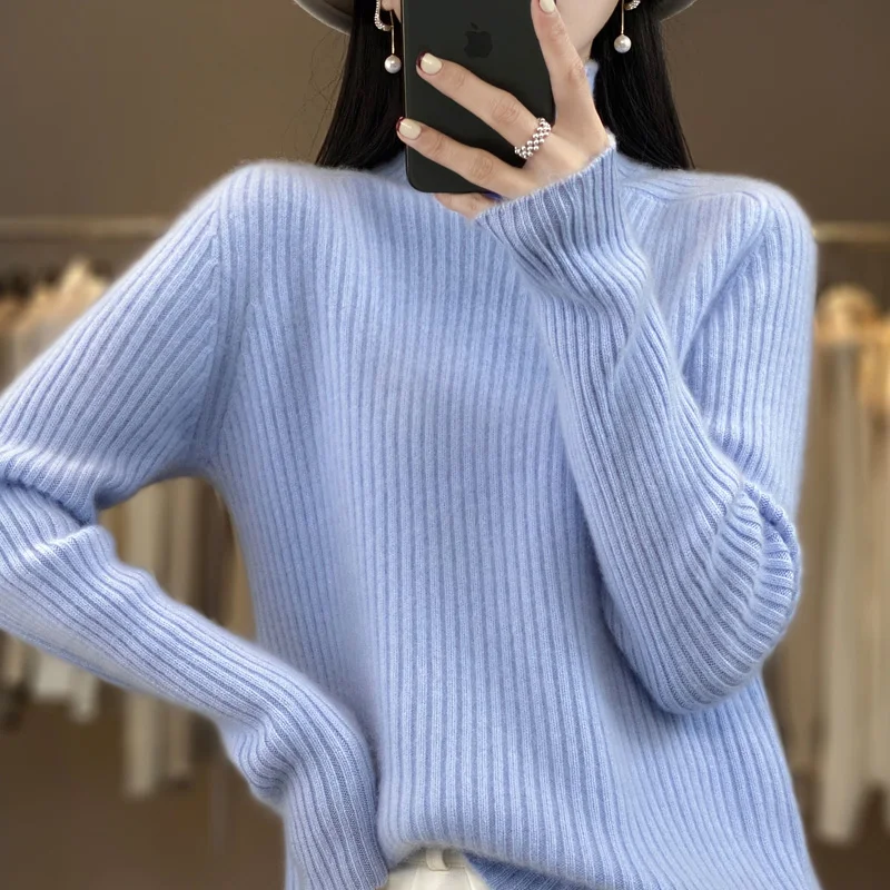 

New autumn and winter half turtleneck 100% pure wool thick long sleeve loose sweater sweater bottoming shirt