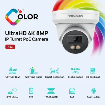 VIKYLIN 8MP IP Security Camera Poe 4K Full Color Night Vision Human Vehicle Detection Surveillance Support SD Storage ONVIF IP67 1