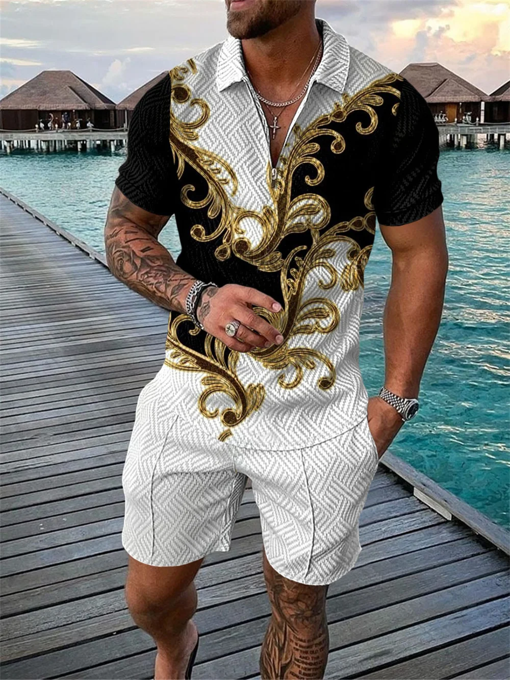 Summer Hot Selling Men's Printed Pattern Short Sleeve POLO Shirt Set Street High Quality Casual Jogging Sports Men's Set