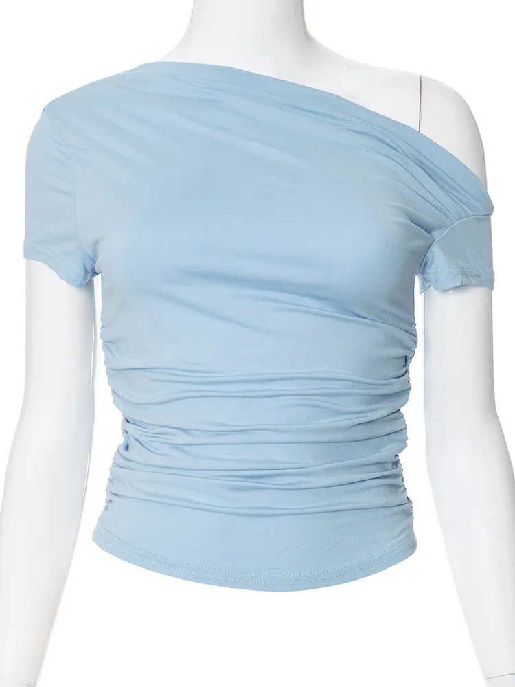 Solid Color High Elasticity Fabric Slash Shoulder Short Sleeve Pleated Navel Reveal Top for Women Casual Shrinkage Top 5