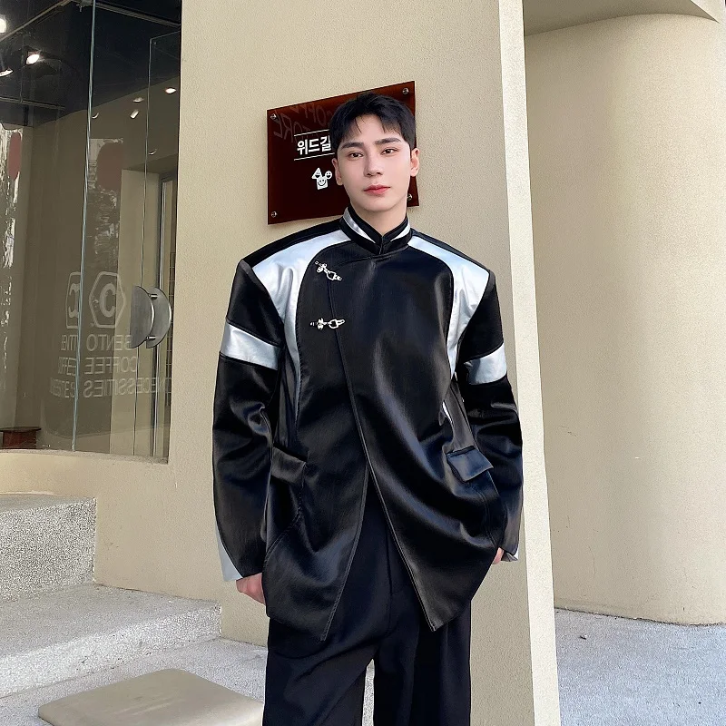 

SYUHGFA Men's Clothing Stand Collar PU Leather Jacket Korean Fashion 2024 Autumn Winter Thickening Shoulder Pad Jackets