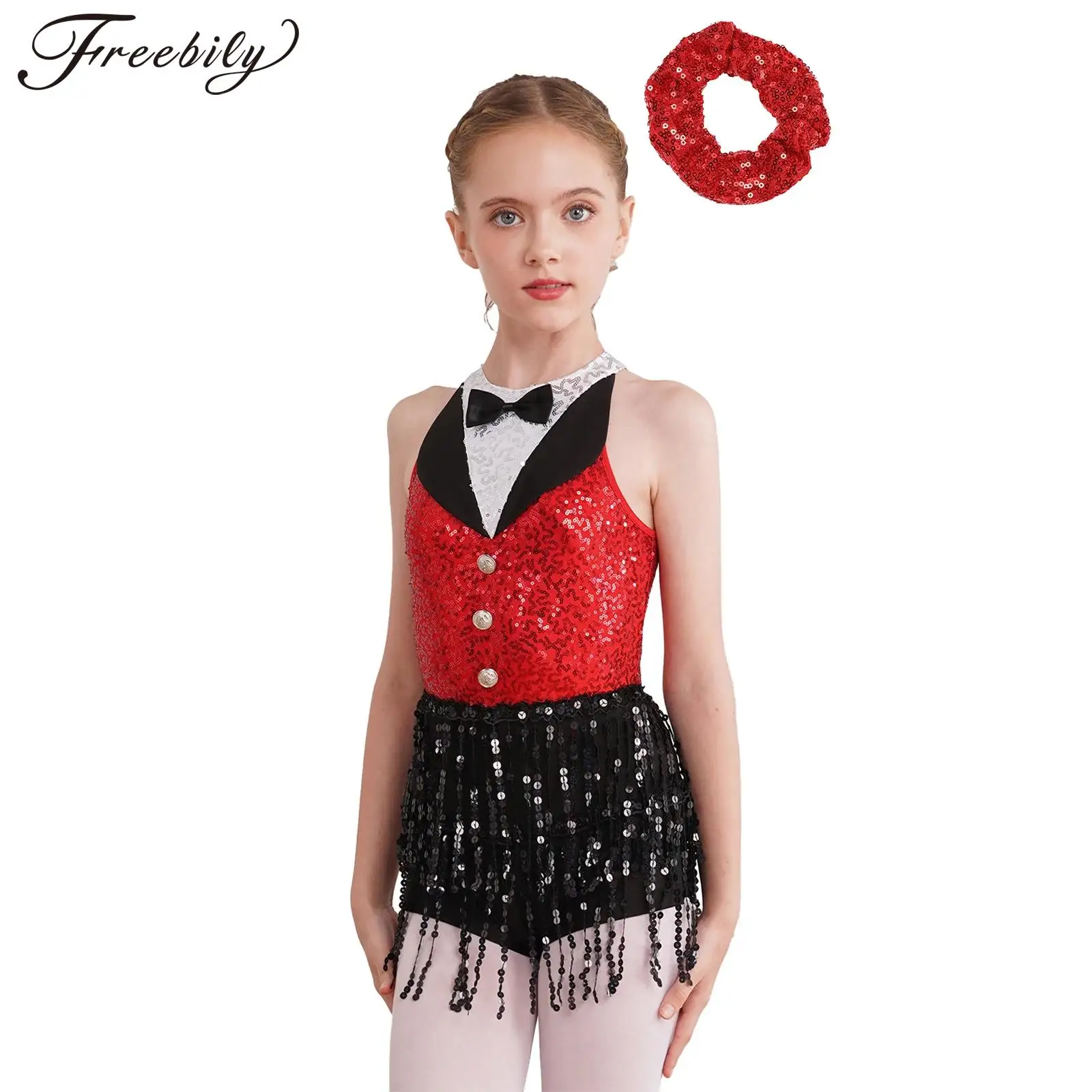 

Kids Girls Latin Jazz Dance Cha-cha Samba Rumba Skating Leotard Dress Sleeveless Sequin Tassel Bodysuit with Hair Band Dancewear