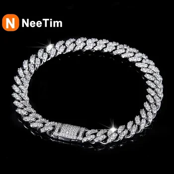 NeeTim Full Moissanite Hip Hop Men Women Cuban Chain Bracelets 925 Sterling Silver with Gold Plated Cuban Bracelet Jewelry