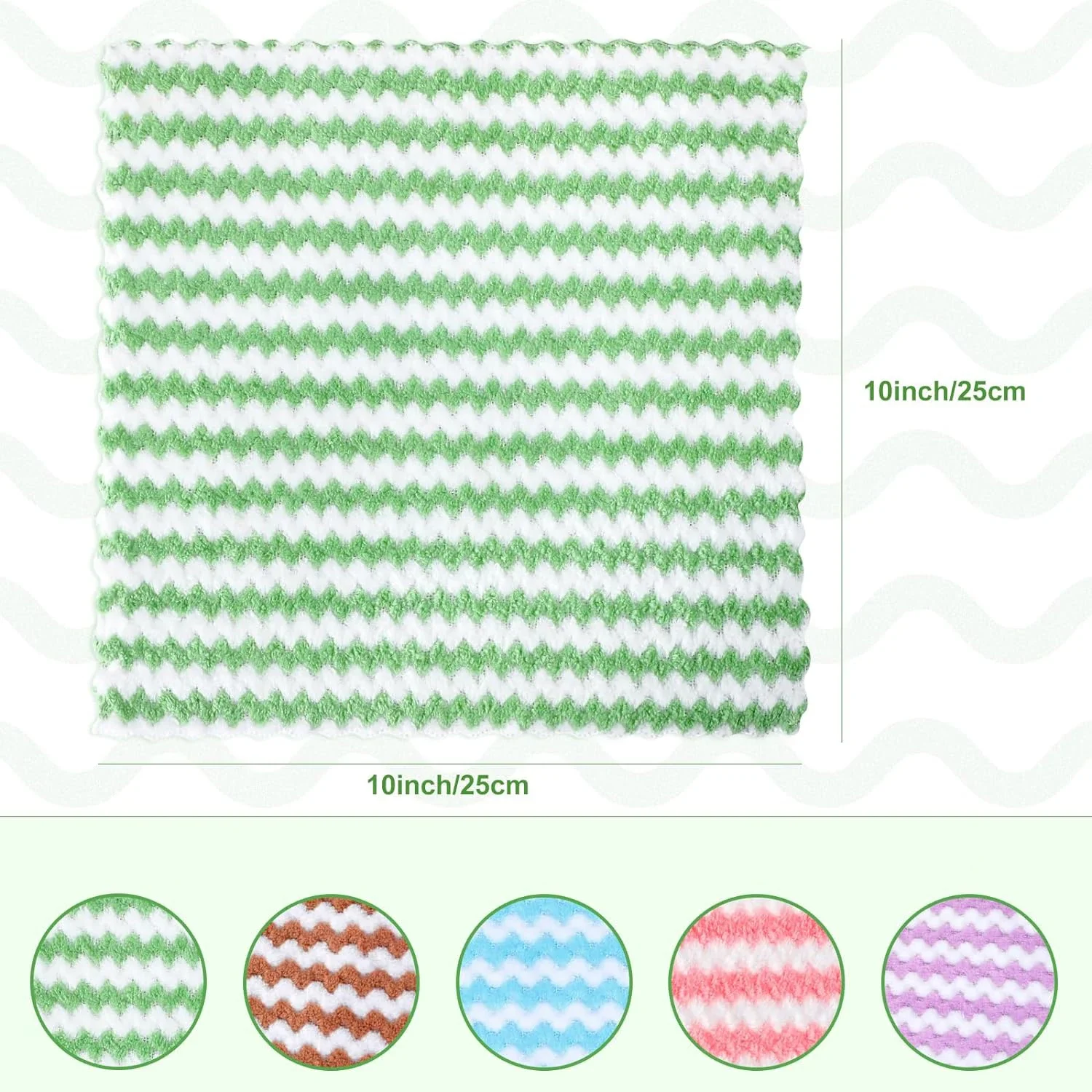 Stack of coral velvet wave-pattern kitchen wipes in assorted colors, placed beside a spray bottle and sponge on a clean countertop green