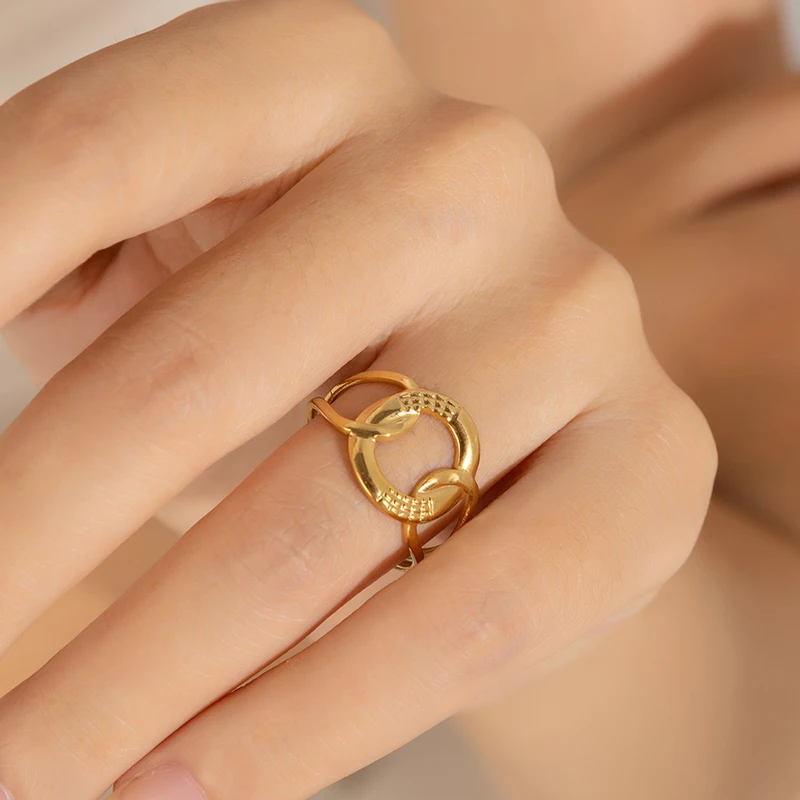 ANENJERY 316L Stainless Steel Wide Leaf Circular Hollow Open Ring for Women Men Simple Creative Jewelry Gifts