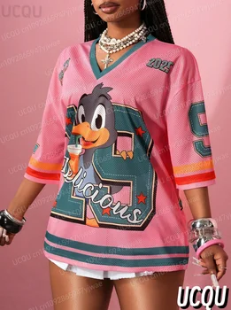 2025 Bird Number 19Print T Shirt For Women Mesh fabric Striped V-Neck Tee Summer Harajuku Trend Short Sleeve Streetwear Tops 1