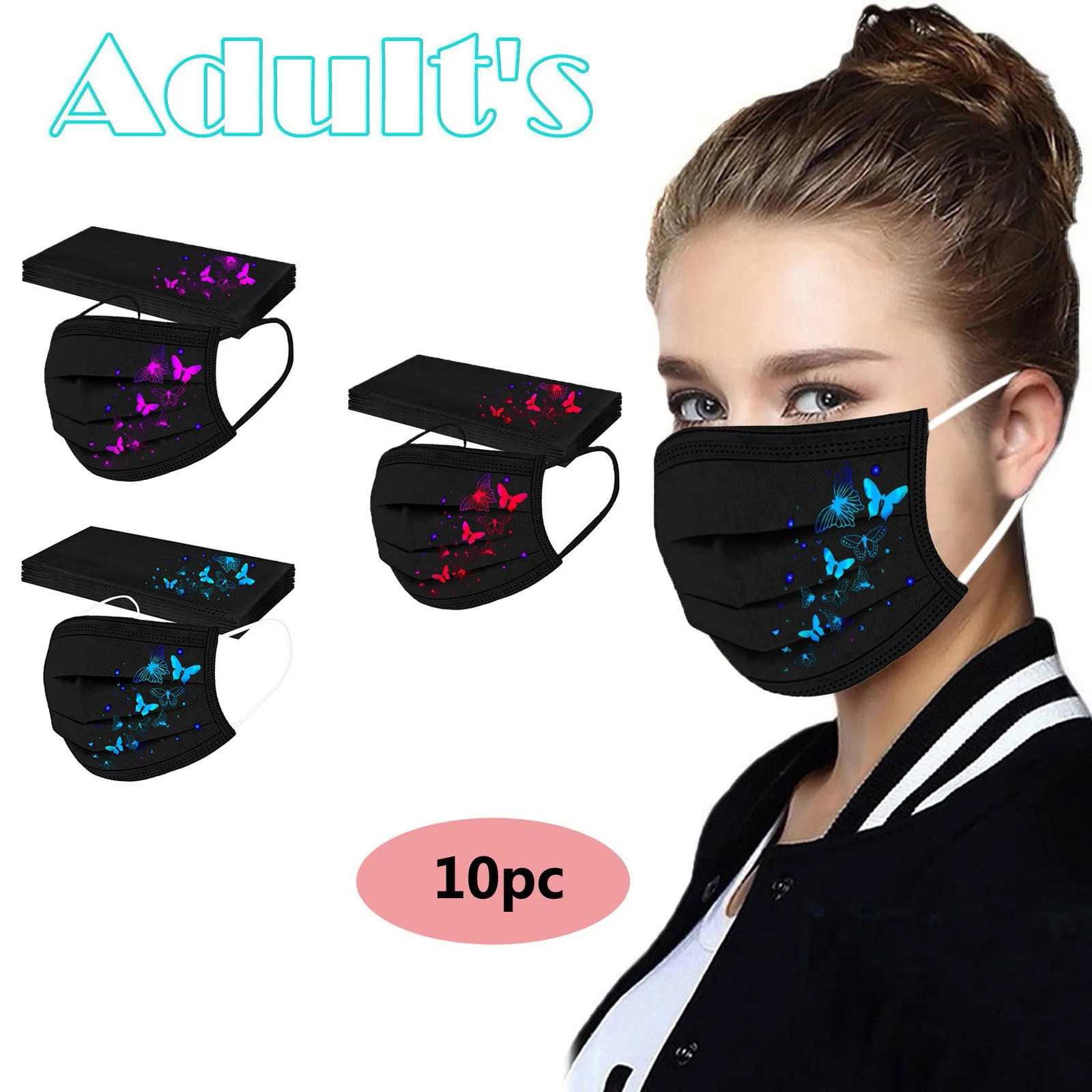 10PCS Adult's Butterfly Printed Mask Disposable Protective Face Outdoor Dust-Proof Face Protective Mask Disposable