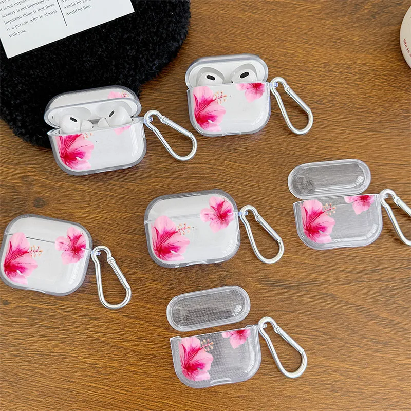 Pink Clear Case for AirPods with Carabiner Shockproof Headphone