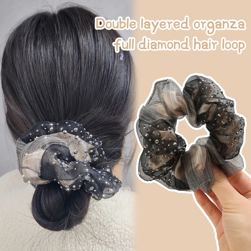 

Double layered organza Hair Scrunchies Elastic Hair Bands Black Color elegant Women Headwear Ponytail Ties Rope Hair Accessorie