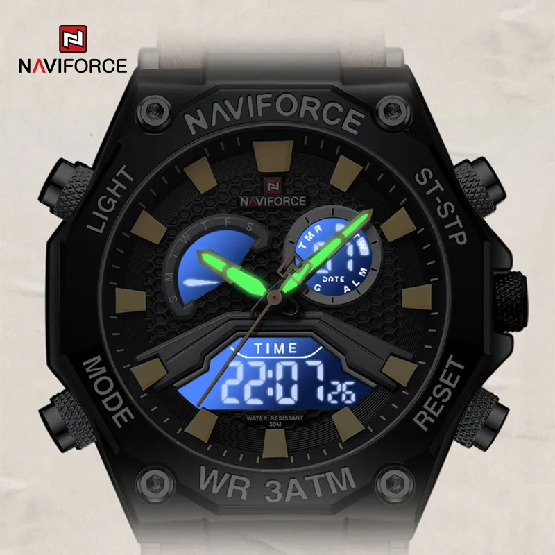 NAVIFORCE Watches for Men Dual Display Digital Quartz Male Wristwatch Leather Band Waterproof Luminous Clock Relogios Masculino