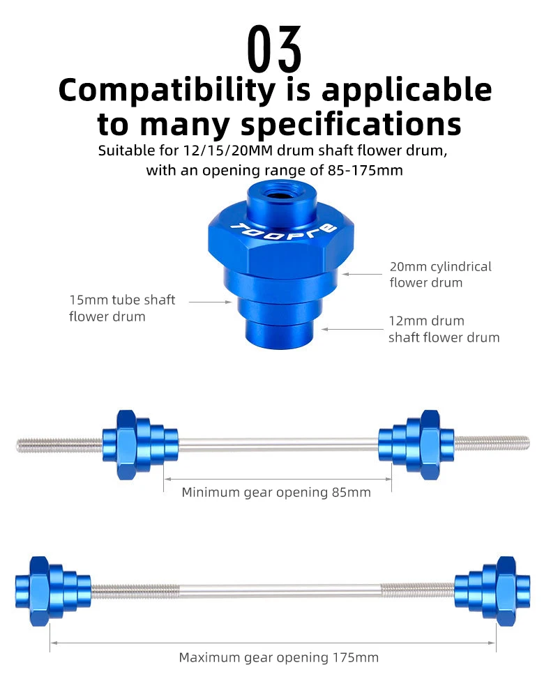 TOOPRE Fahrrad Rad Abrichten Ständer Adapter Werkzeug 12/15/20mm Steckachse Nabe Befestigungsstange Werkzeug 85-175mm Öffnungsbereich QR Komponenten – Detail 11