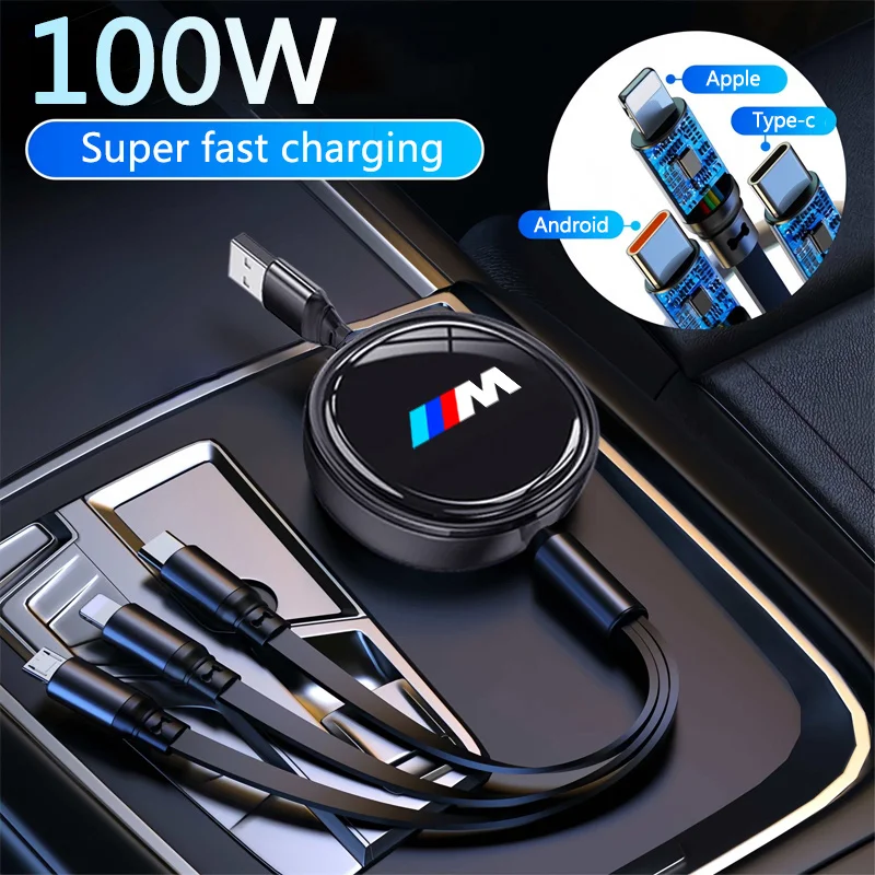 BMW M 엠블럼 E46 E36 E34 F10 E90 F30 E60 F30 E53 E30 E92 E87용 3-in-1 차량용 인터페이스 충전기 데이터 케이블 안전하고 빠른 충전
