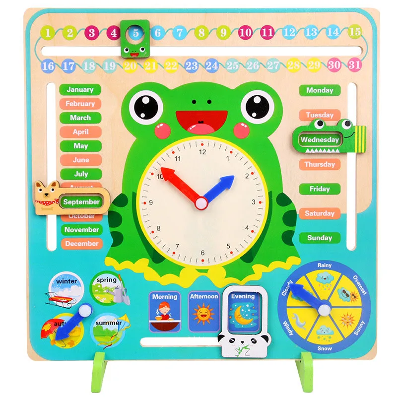 Cartoon Wooden Frog Calendar Clock Set Children Wood Calendar Time Cognitive Matching Toys Kids Early Learning Education Toys 6