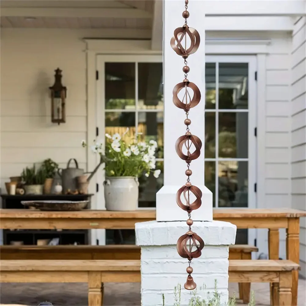 Outdoor Hanging Rain Chains For Gutters Downspouts Rotating Rain Catcher Chain With Bell Retro Wind Chimes Metal Garden Decor