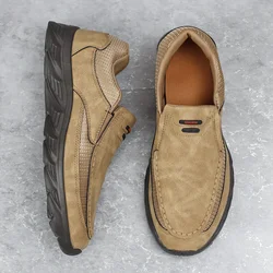 Men's Breathable Leather Casual Loafers - 2024 Comfortable Flat Sneakers - 45 (Khaki)