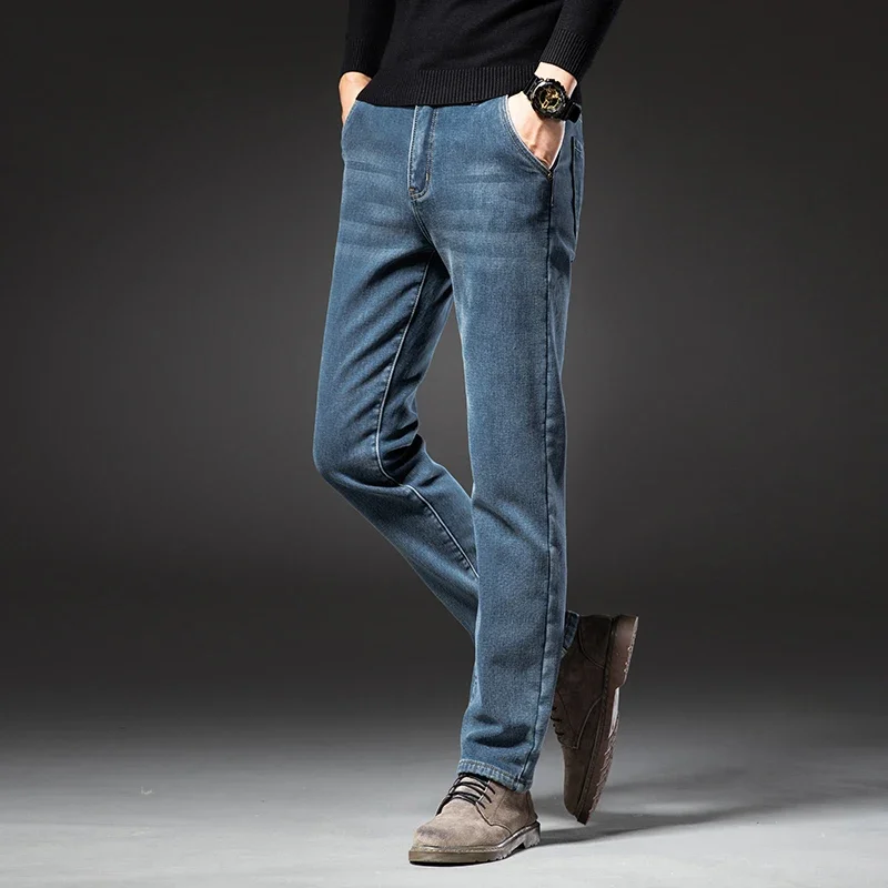 2025 Winter New Men's Fleece Thickened Jeans Retro Blue Hot Straight Casual Pants Stretch Premium Velvet Warm Denim Pants 6