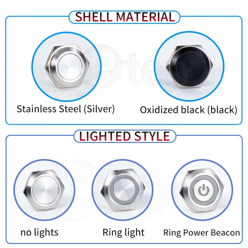 짧은 스트로크 미니 방수 금속 푸시 단추 스위치 전원 LED 조명, 순간 5 V, 12 V, 24 V, 220V, black1NO, 1PCS12, 16mm, 19mm, 22mm, 25mm, 30mm
