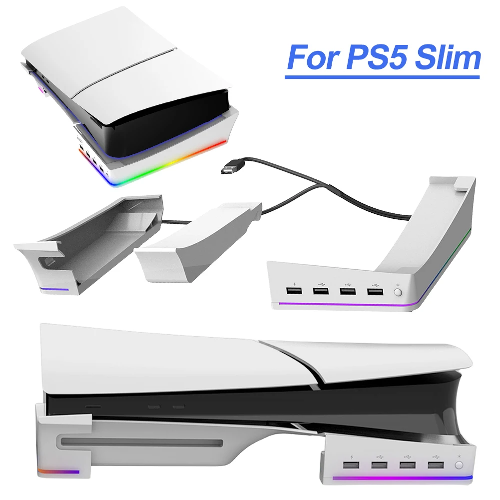 14개의 조명 모드와 4개의 USB 허브가 있는 수평 게임 콘솔 베이스 스탠드 홀더 PS5 Slim용 게임 콘솔 데스크 스탠드 스토리지 랙
