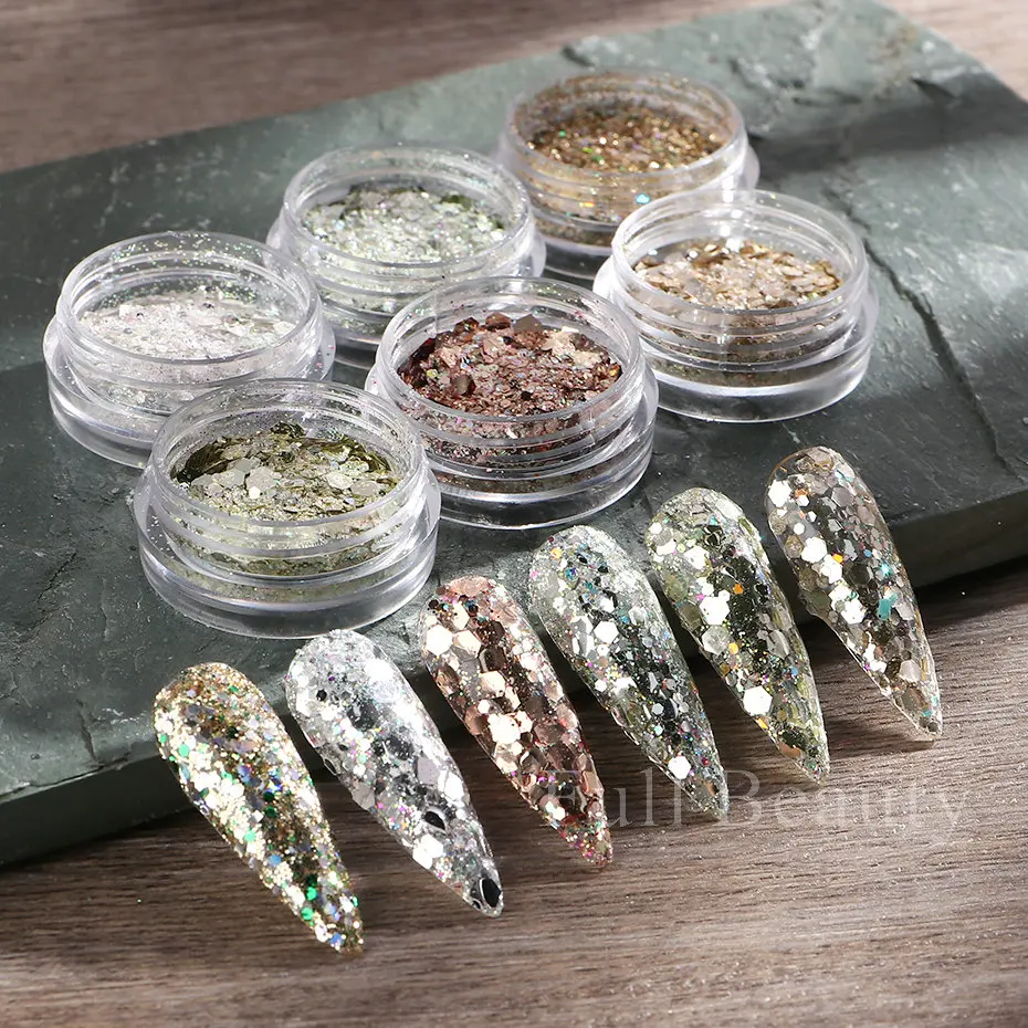 6pcs Champagne Rose Nail Glitter Flakes Mixed Hexagon Sequins Powder Fall Winter Mermaid Paillette Nail Decorations LA1539-52 nail powder nail glitter nail decoration nail decorations nail flakes