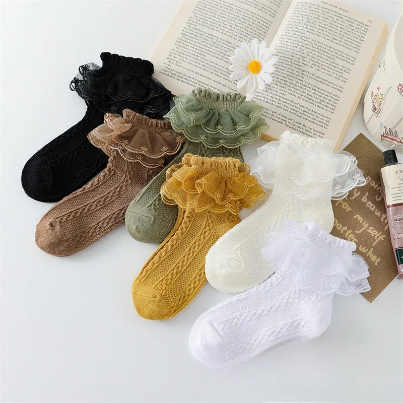 

Autumn and Winter New Cotton Lace Girls Lace Socks Double Lace Princess Socks 1-12 Years Old Latin Dance Socks