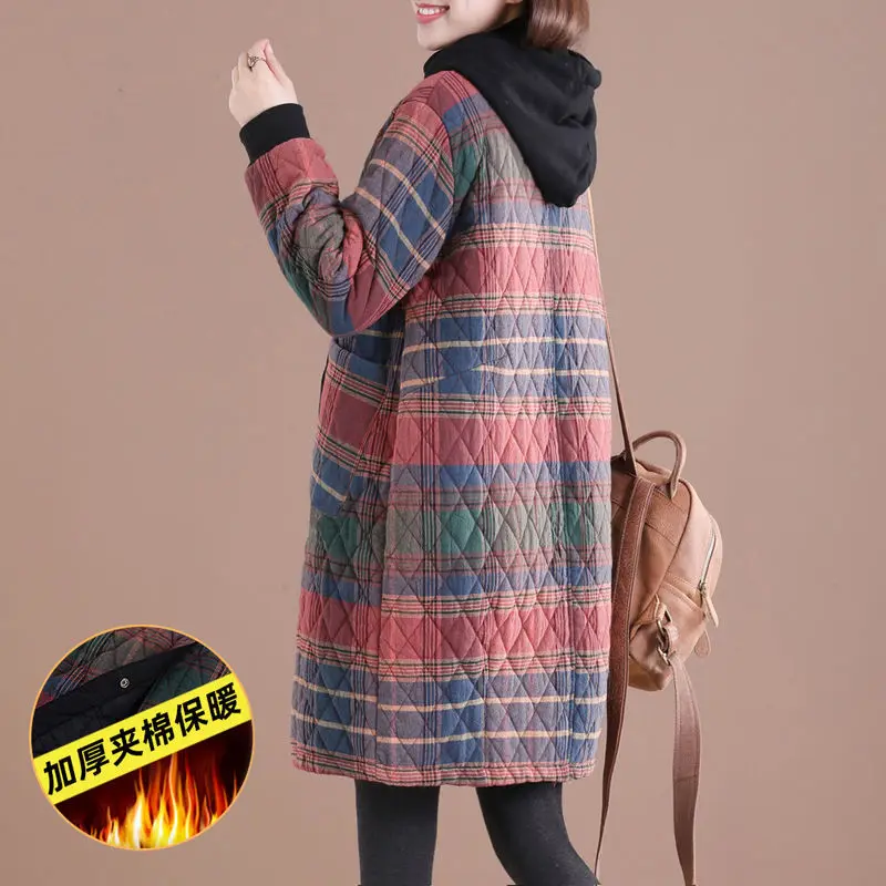 Winter Women Vintage Parkas Plaid Button Cotton Coats Hooded Pockets 2021 New Warm Female Clothes Korean Style Parkas Coats 2XL
